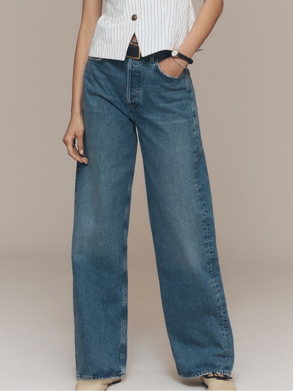 Agolde Ren Medium Blue High-Rise Wide Leg Button Fly Jeans Waist 28